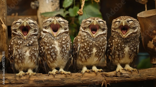 Four Owls Yawning in unison - A Close-Up Portrait of Nature's Wonder