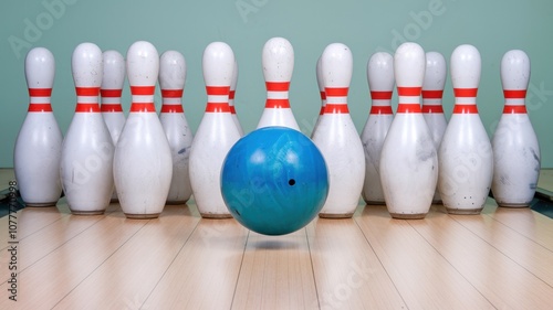 Row of Ten Bowling Pins with Colored Stripes in Bowling Alley