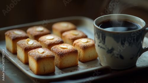 Cube-shaped square financier and coffee