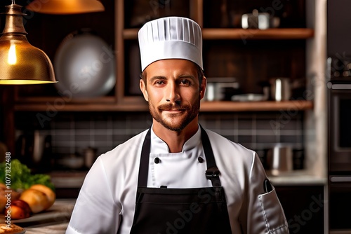 chef a man in his s holding a chefs hat and standing in front of