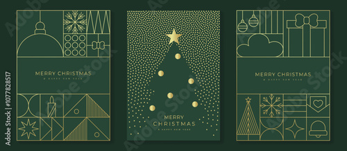 Luxury christmas invitation card art deco design vector. Christmas tree, bauble, gift, candle, envelope, spot texture on green background. Design illustration for season's greeting poster, cover.