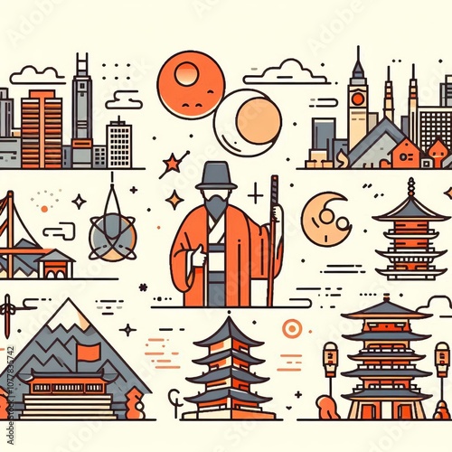 Minimalist Simple line art or flat color illustrations conveying