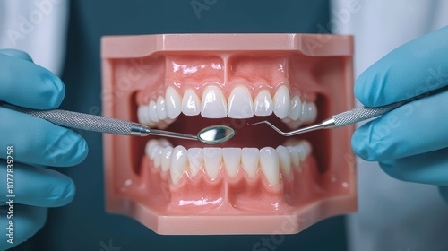 A dental model demonstrates proper oral hygiene techniques with tools for cleaning and examining teeth.