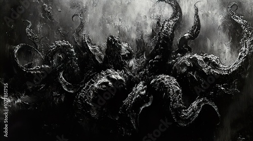 The Abyssal Terror: A Monstrous Black and White Painting of a Tentacled Creature