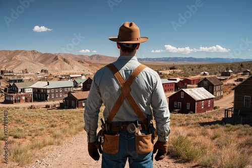 Back View of Prospector in a Hopeful Mining Town Landscape