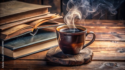 A steaming cup of coffee resting on a wooden coaster beside a stack of vintage books, an inviting invitation to a quiet moment of reflection and literary immersion.