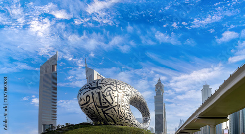 Dubai, skyline panorama and cityscape of financial downtown and cultural city center.