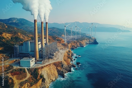 Power plant emitting smoke and wind turbines generating clean energy on coast