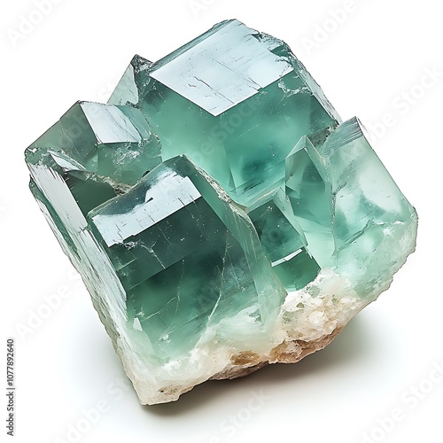 Teal crystal with cubic formations on a light background