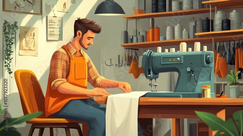 The upholsterer is upholstering the chair. LET THE TAILOR'S SEWING MACHINE ALSO SHOW. . Draw in a simple style with Airbrush PASTEL TONE. Brown toned cartoon in orientalist