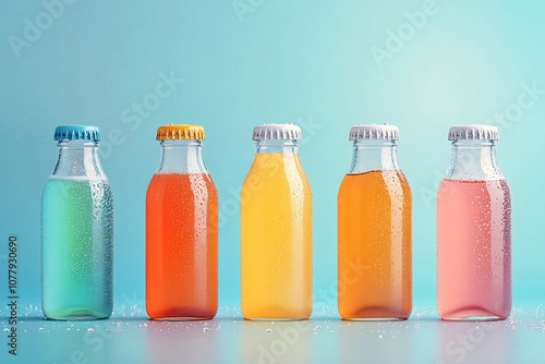 Vibrant and Refreshing Colorful Beverage Bottles with Condensation