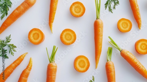 17.Whole and freshly sliced carrots placed on a white background. The smooth, bright orange skin of the whole carrots contrasts with the neatly sliced rounds, creating a simple yet striking