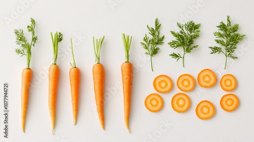 17.Whole and freshly sliced carrots placed on a white background. The smooth, bright orange skin of the whole carrots contrasts with the neatly sliced rounds, creating a simple yet striking