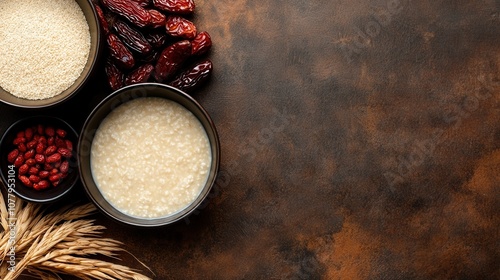 Chinese laba festival flat lay with ingredients and grains for traditional cuisine