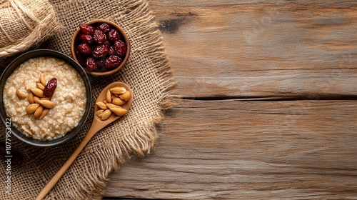 Chinese laba festival flat lay with traditional porridge and ingredients for seasonal celebration