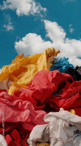 Sustainable fashion awareness: discarded colorful textiles against blue sky