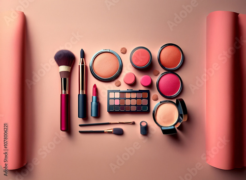 A flat lay of makeup products on a pink background.