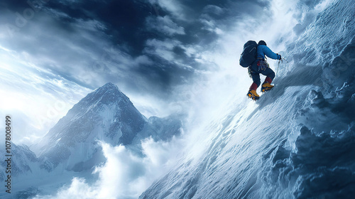 A mountain climber climbing the side of an icy, snowy peak, with dramatic clouds overhead, realistic photography