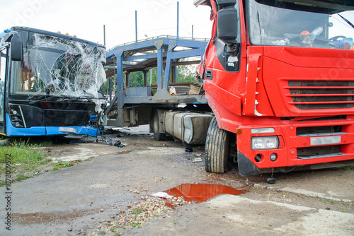 Collision between a bus and a car transporter. Truck and bus accident. Road traffic accident. An example of bad driving.