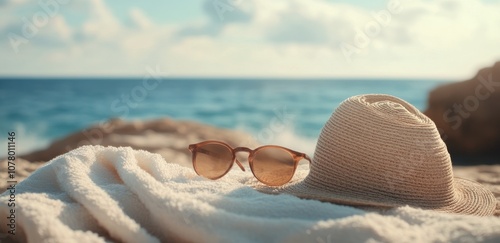 Beach Towel and Hat on Sunny Summer Day