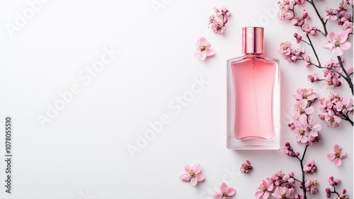 Elegant perfume bottle surrounded by beautiful pink blossoms on a white background.