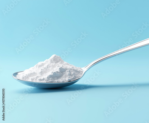 Spoonful of white powder is shown on a blue background