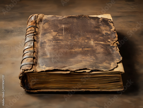 antique book with worn leather cover and faded pages