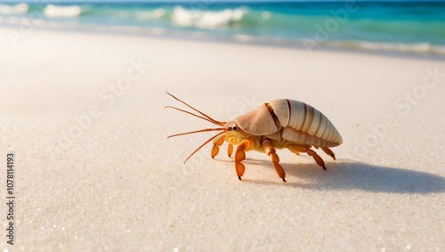 A hermit crab scuttling across a bright sandy beach against the ocean waves. Created with Generative AI Technology