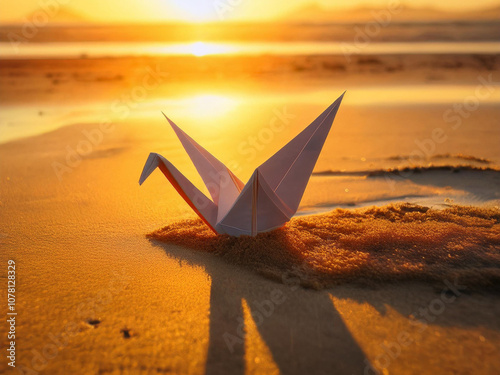 Pájaro de origami en una playa de arena durante la hora dorada