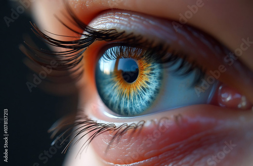 Close-up of a woman's blue eye. Macro shot.