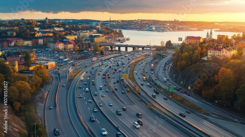 Congestion pricing system in Sweden. cars approaching toll areas. organized city roads.