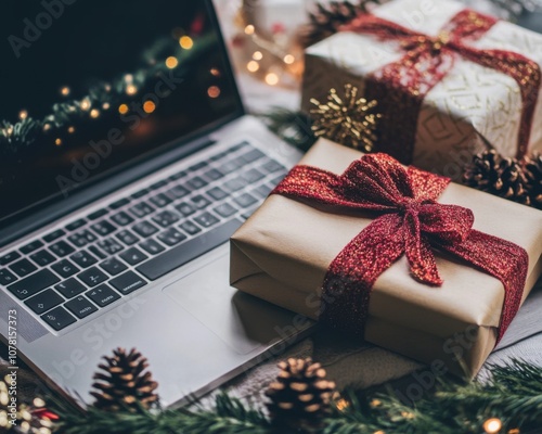 Wrapped gifts placed on a laptop symbolizing Green Monday, the peak day for online shopping