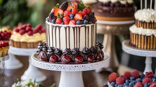 50.A decadent dessert table featuring multiple cakes and pastries, each one beautifully presented with rich frostings, fresh fruit toppings, and intricate decorative elements, creating a feast for