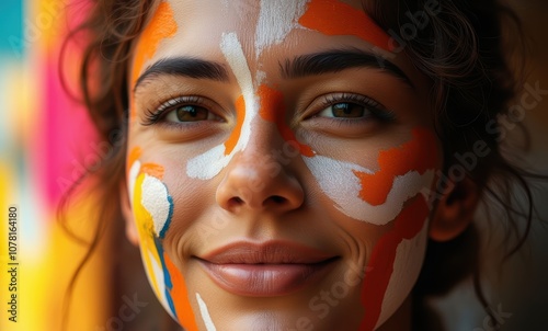 Smiling woman with colorful face paint