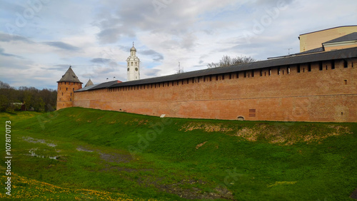 Veliky Novgorod, Russia - May 13, 2024: Kremlin Park. The moat and walls of the Novgorod Kremlin