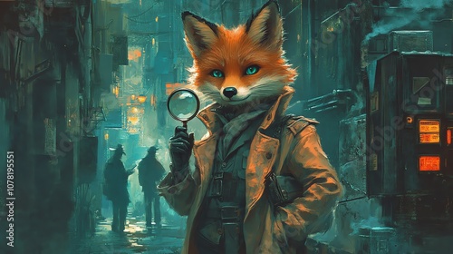 A fox detective in a trench coat holds a magnifying glass and looks at the camera with a sly smile.