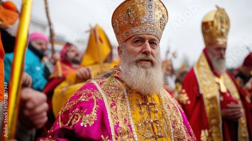 Religious ceremony with clergy in ornate vestments during traditional festival celebration Feast of St. Ambrose