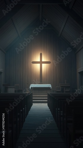 Soft illumination highlights a wooden altar and pews in a serene chapel setting for reflection