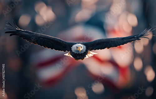 Aquila dalla testa calva in volo con sullo sfondo sfocata la bandiera americana. Patriottismo. Stati Uniti d'America. USA.