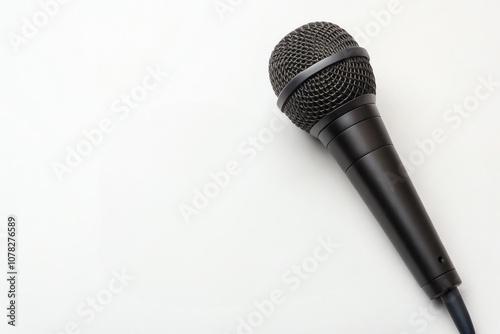 A black microphone on a plain white background, perfect for music or speaking events.