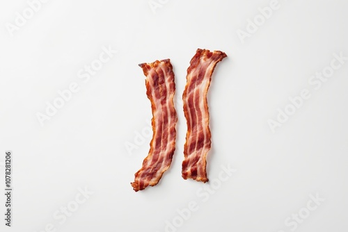 Two strips of cooked bacon arranged vertically on a white background