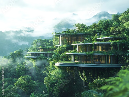 Futuristic eco-friendly villas perched on a mountainside amidst lush rainforest with mist and greenery.