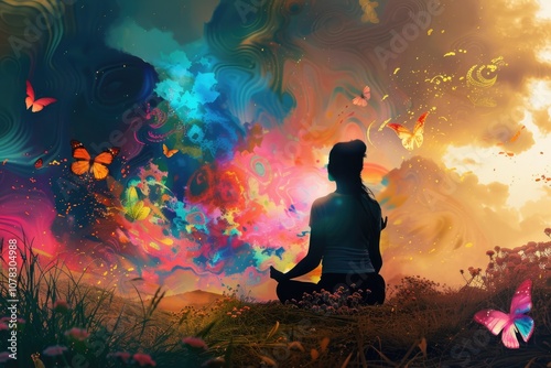 Divine Nature. Woman Meditating Surrounded by Colorful Nature Energy and Butterflies