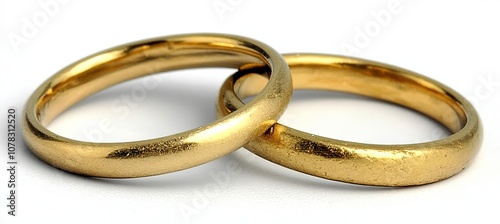 Two Classic Plain Gold Wedding Bands Interlocked On A White Background, Close Up Macro Shot