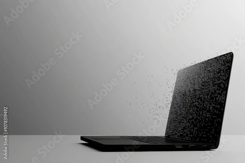 A sleek laptop sits on a plain surface, gradually transforming into pixelated fragments, illustrating digital creativity and change. Generative AI