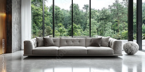 Modern gray sectional sofa with tufted backrests in front of large windows overlooking green forest.