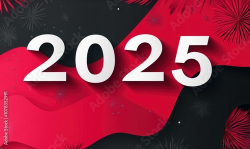 New Year celebration with bold white numbers on a vibrant red and black background, decorated with festive fireworks and abstract patterns for a festive mood