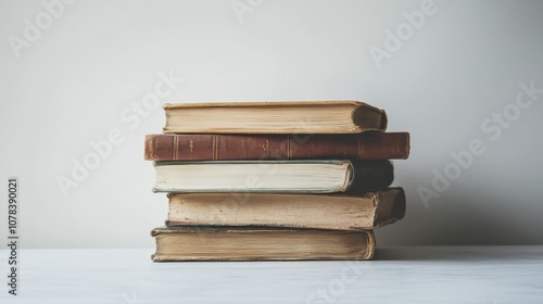 stack of vintage books on a plain white table soft shadows minimalistic style high-resolution suitable for educational and literary themes.