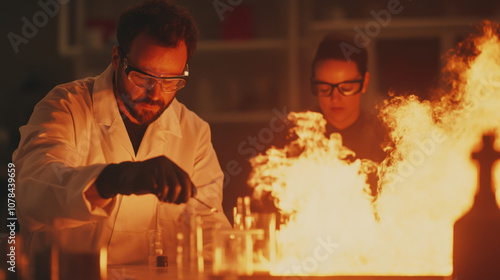 Laboratory scene with chemical engineers testing flame retardant materials, showcasing intense flames and focused expressions