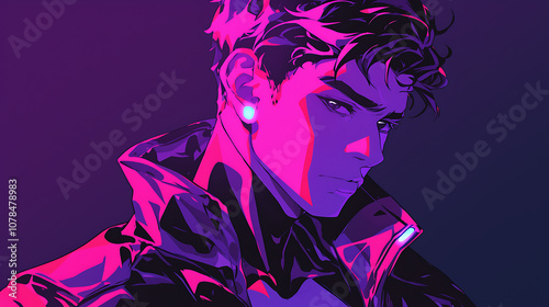 futuristic neon handsome young man character on black background